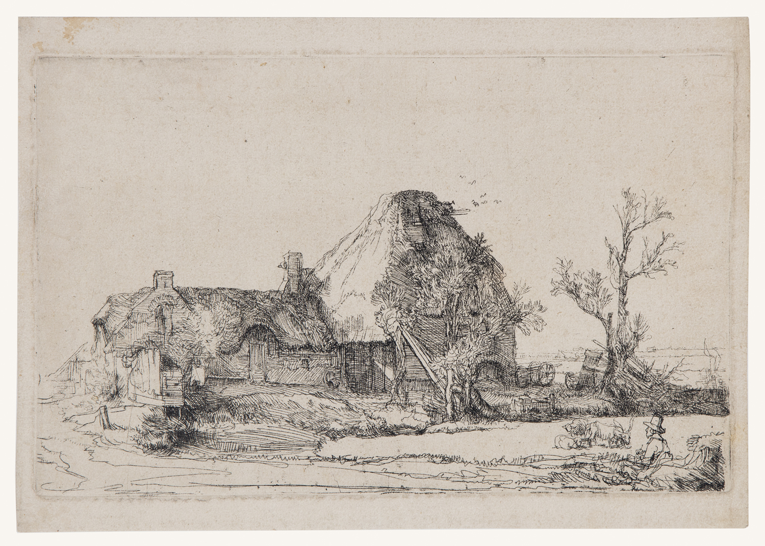 Cottage and farm buildings with a man sketching
